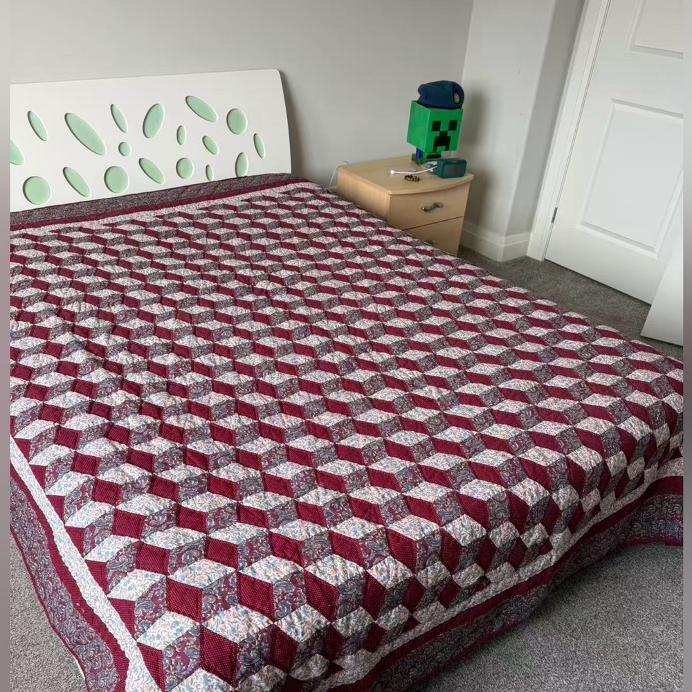 Vintage Handmade Patchwork Quilt Burgundy Floral Queen Size Cottagecore Blanket